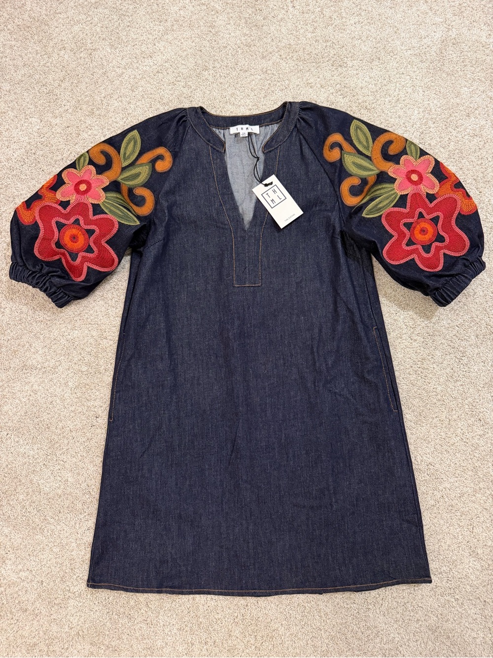 THML denim embroidered puff sleeve mini dress sz XS - Picture 3 of 8